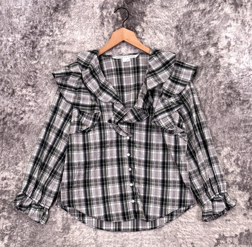 Veronica Beard Itha Top 6 Womens Plaid Ruffle Long Sleeve Button Down